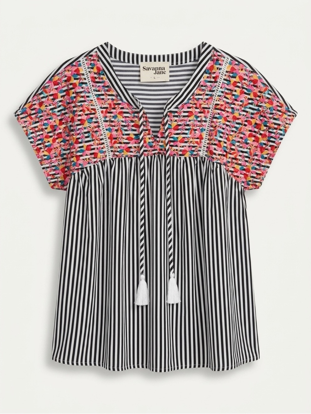 Savannah Jane NWT Black Stripe Peasant Top with Multicolor Embroidered Yoke
